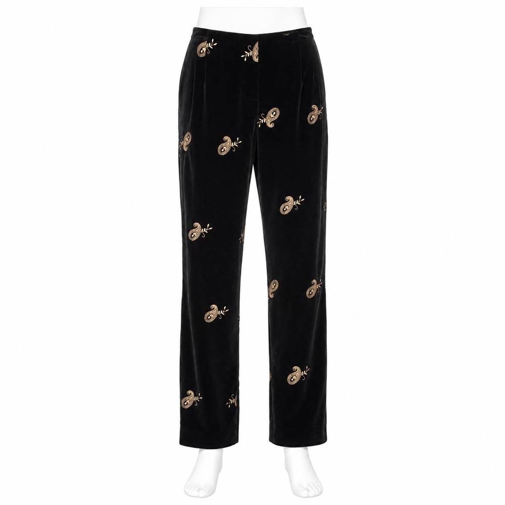 Jenni Max Velvet Pants Womens 6 Black Gold‎ Paisley Embroidered Side Zip Tapered